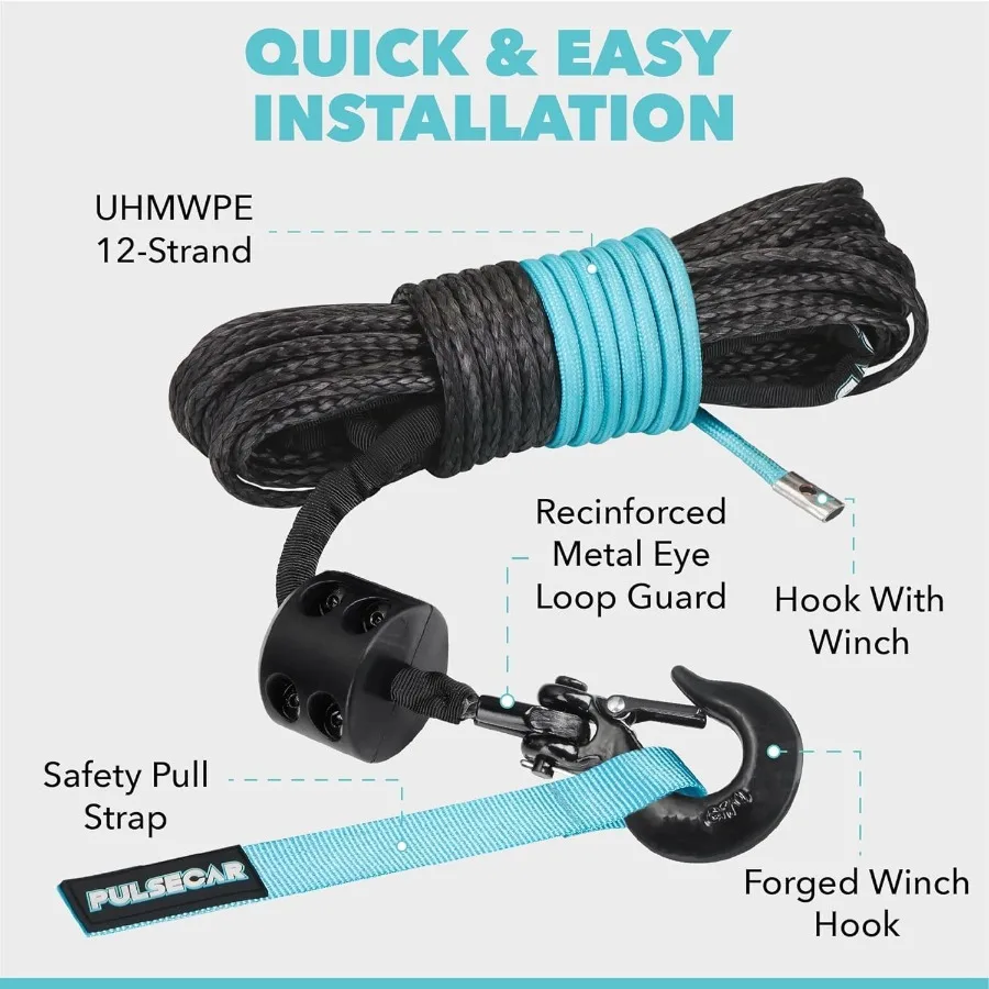 เชือกไวน์ชสังเคราะห์ 1 4 x 50 ฟุต รับน้ำหนักได้ 8500 ปอนด์ แข็งแรง ทนทาน น้ำหนักเบา สำหรับรถ ATV UTV รถบรรทุก 4x4 รถออฟโรด ลากจูง