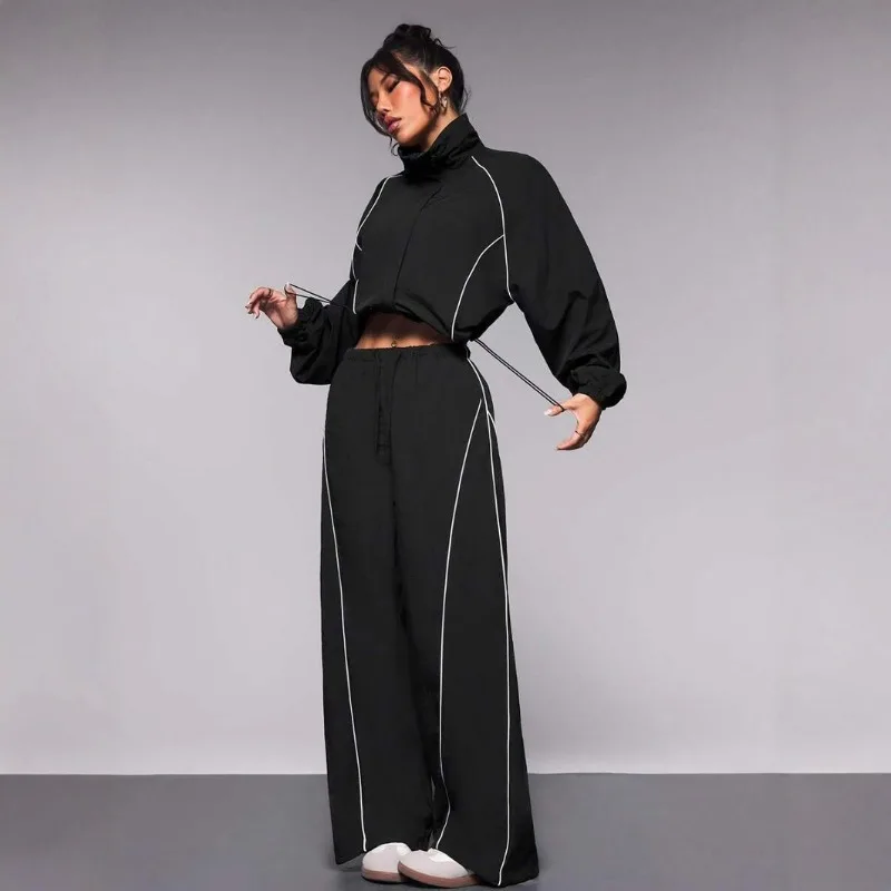 New Cross-border Casual Women's Clothing Set Europe America Featuring Fashion Color-blocking Drawstring Sport Jacket Long Pants