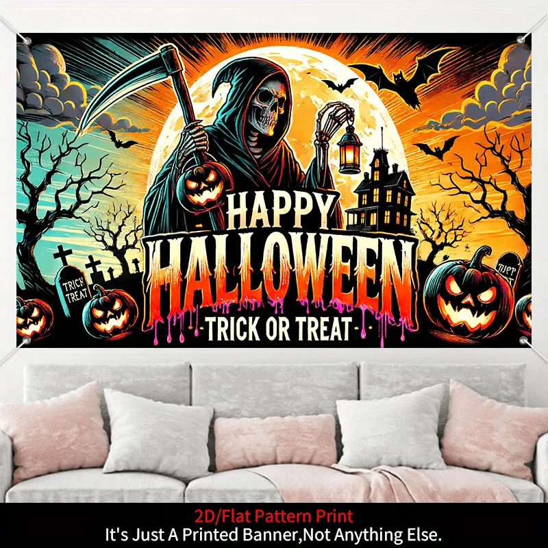 VIKAMA Halloween Gothic Wall Tapestry Sickle Black Robe Grim Reaper Pumpkin Banner Haunted House Bat Cemetery Party Decoration