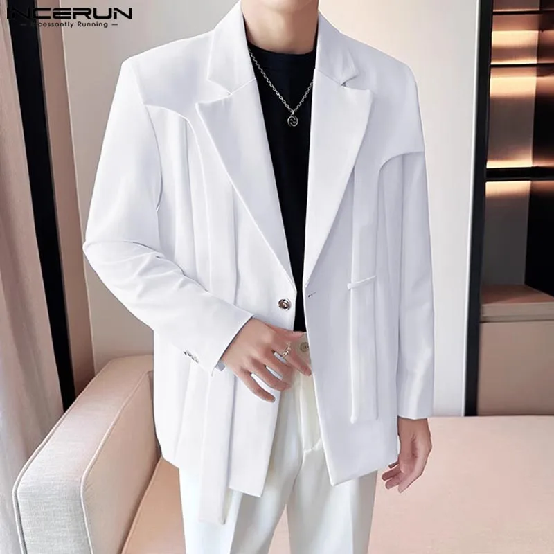 

INCERUN Tops 2025 Handsome Overlapping Design Blazer 2025 Solid Office Simple Suits Casual Leisure Holiday Coats Men Simple Tops