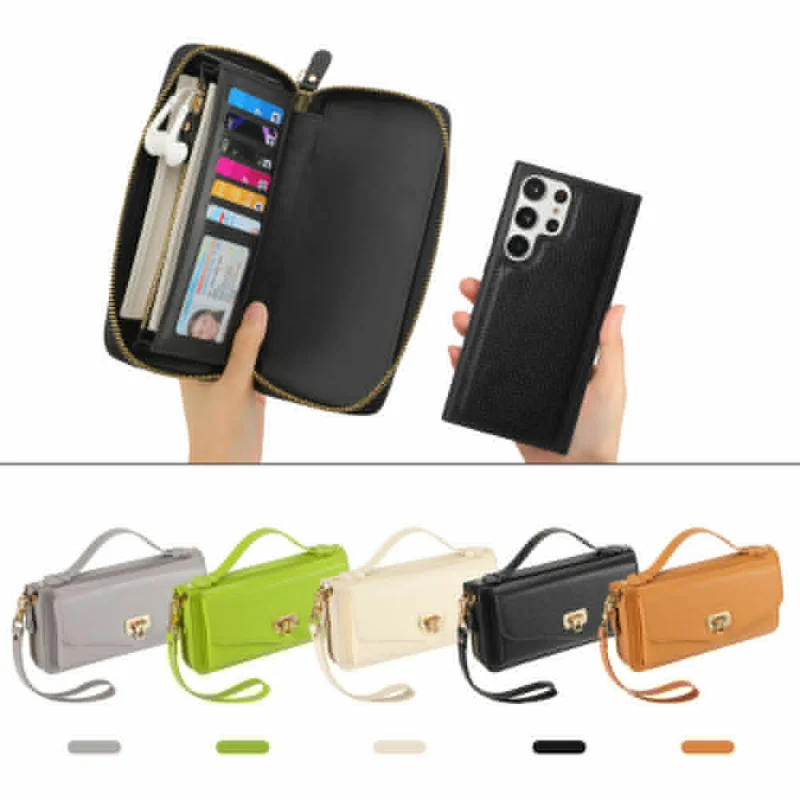 Crossbody Handbag Wallet Magnetic Phone Case For Samsung S23 Ultra S22 Plus Note 20 Card Holder Slots Wristband Mirror Cover