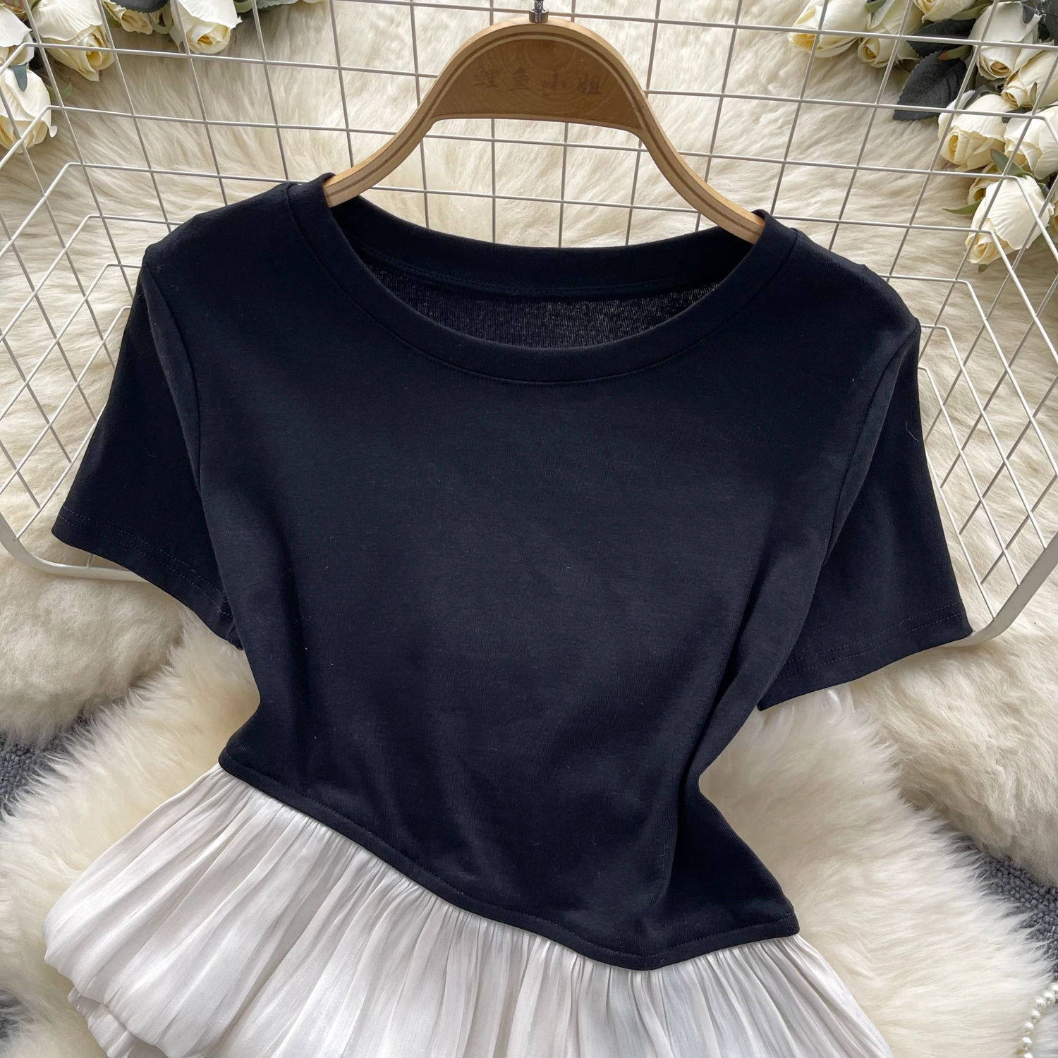 Chic Elegant sexy short sleeve o neck ruffle PATCHWORK t shirt Top Vintage Korean Fairy Crop Top basics summer Wome