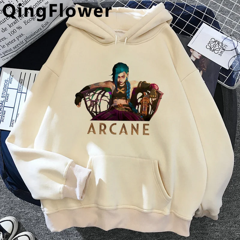 Arcane Jinx sudaderas con capucha para hombre, ropa de calle de gran tamaño, sudaderas con capucha de anime harajuku