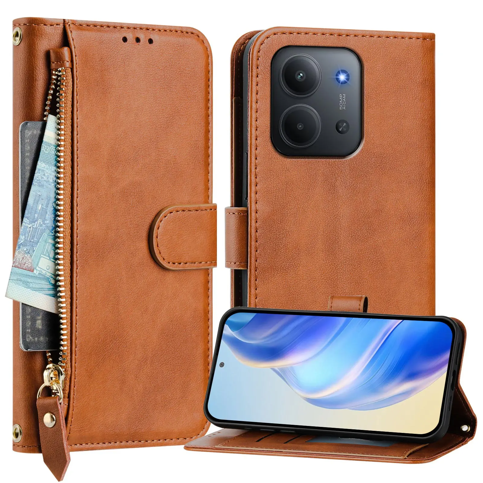 Funda tipo billetera de cuero Solt con tarjetas cruzadas con cremallera para POCO X7 Pro 5G X6 M6 M7Pro F6 F7 X6NEO, funda con correa de cordón largo