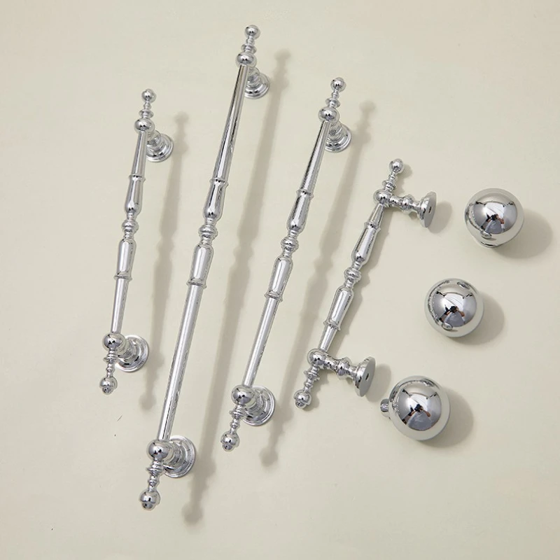 Silver Furniture Hardware Drawer Pull Bright Chrome Solid Brass Cabinet Knobs French Luxury Cupboard Handles Kitchen Accessories
