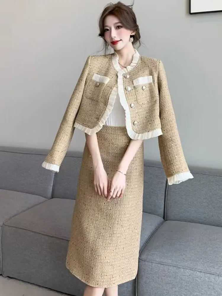 Autumn Winter Vintage Lady Two Pieces Skirt Suits Long Sleeve Patchwork Blazer Jacket and High Waist Straight Skirts Elegant