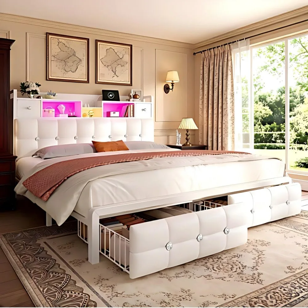 King Size Bed Frame with 4 Drawers & Storage Headboard and Diamond-Tufted Upholstered,LED Lights & Charging, Customized view 2