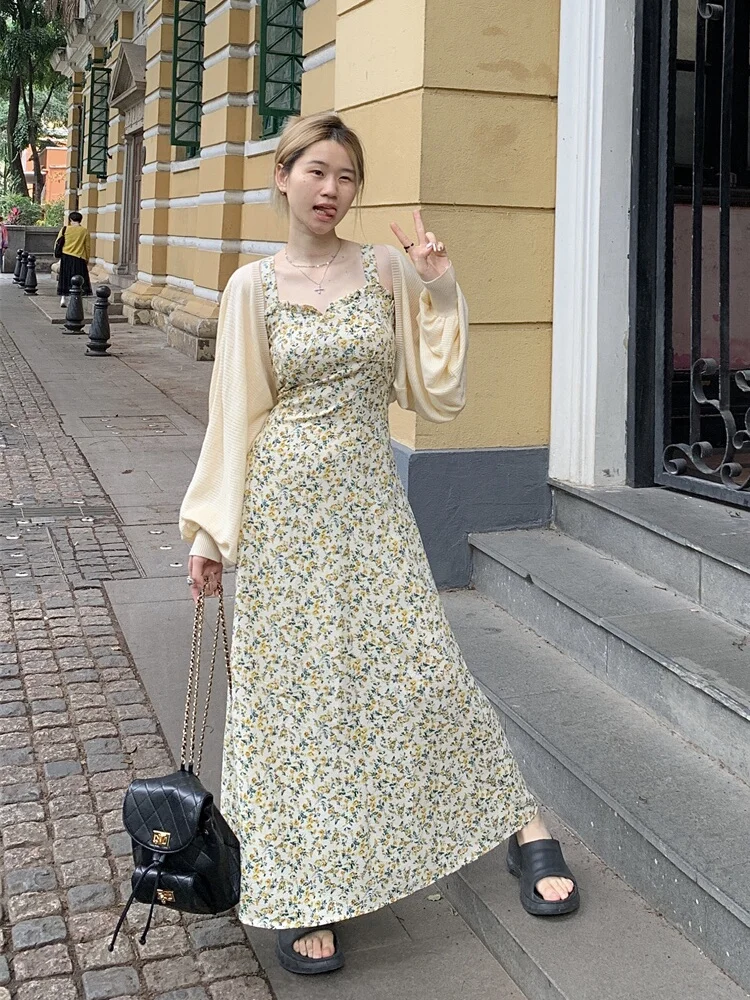 

Sweet Large Size Two-Piece Set Summer New Style Shawl Cardigan Waist-Cinching A-Line Halter Dress Floral Print Korean Style