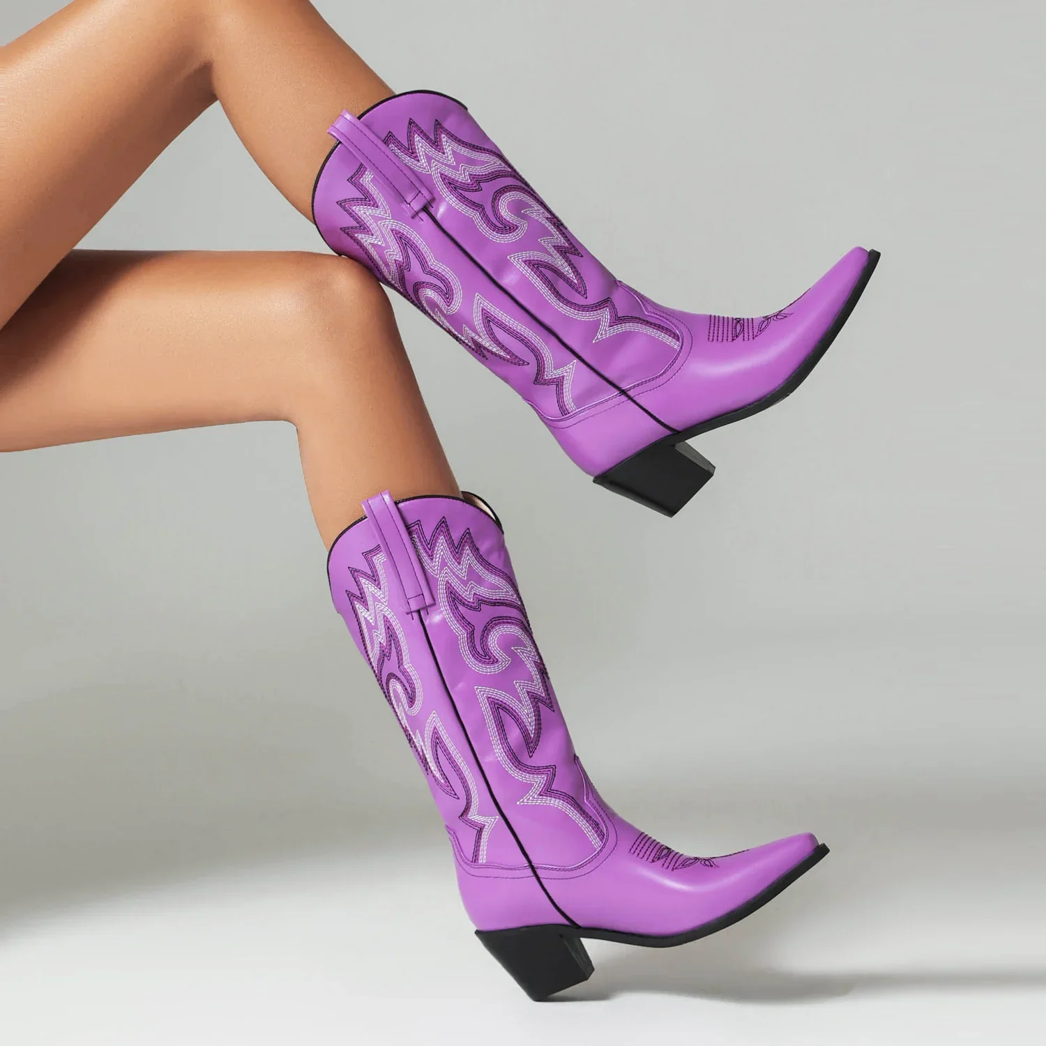 Kobiety Western Cowboy Mid-calf Boots Blue Pink Purple Party Dress Lady Retro Winter Square Toe High Block Heel Cowgirl Half Boots
