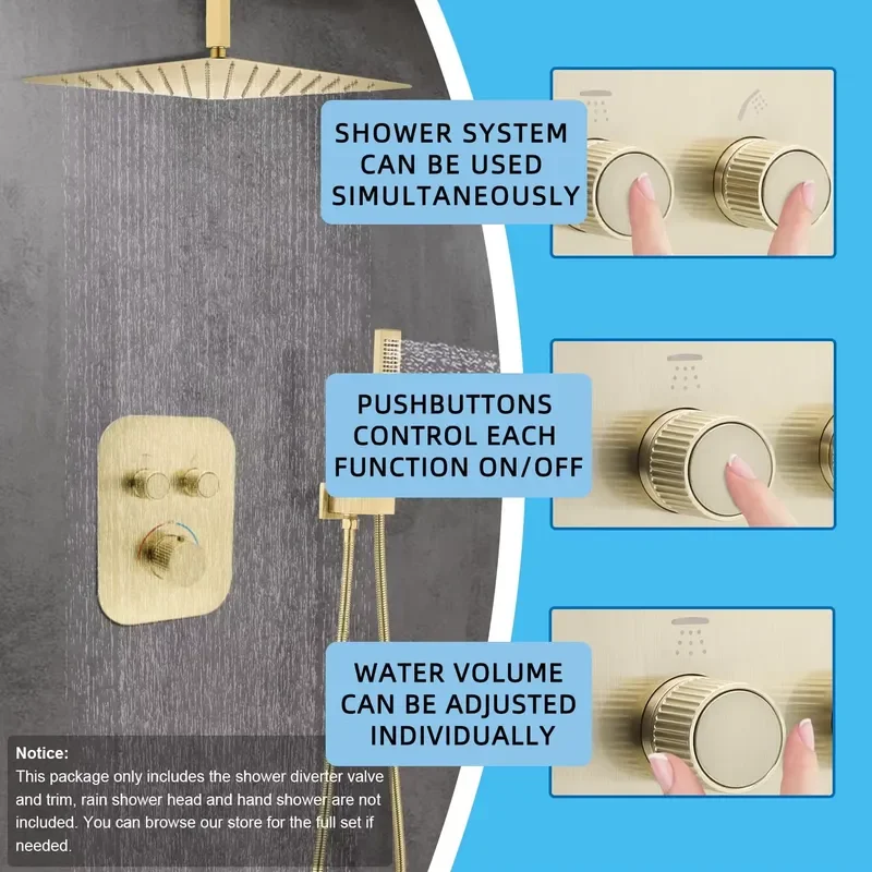 Brushed Gold Brass Thermostatic Shower Valve Kit Two Way Mixer for Hand Shower Bathroom Faucet Fittings Uncoated Hardware Two