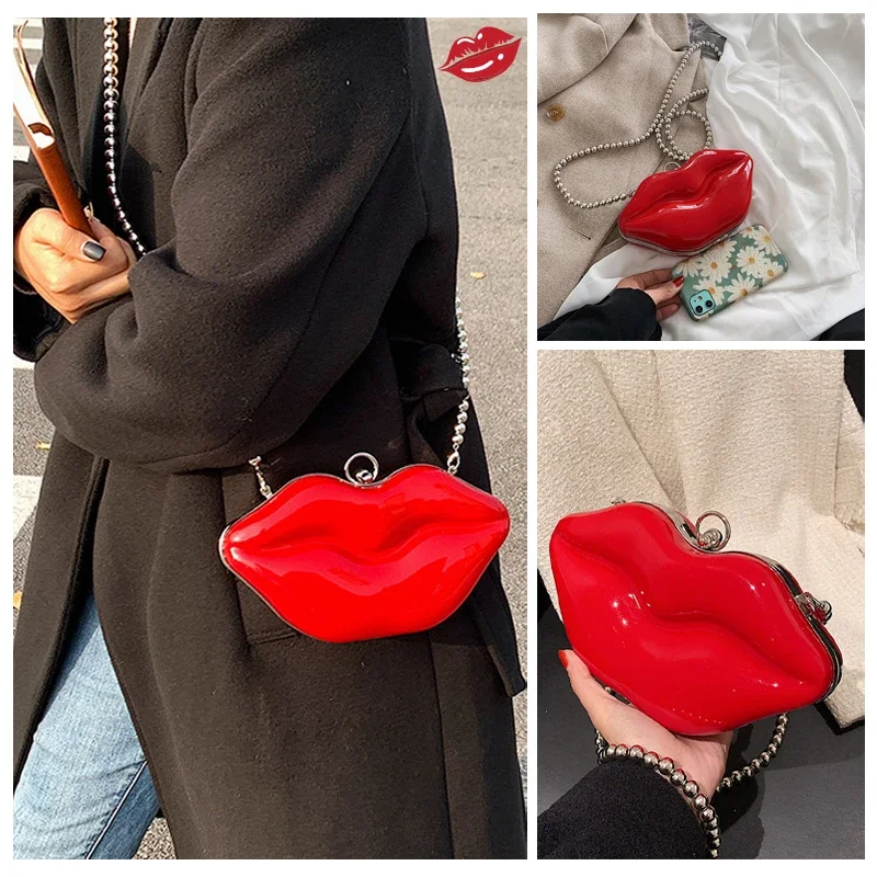 Disney Fashion Women\'s Lip Shaped Handbags Cute Kawaii Princess Crossbody Bags Wallet Purse Bead Chain Shoulder Bag Lady Handbag