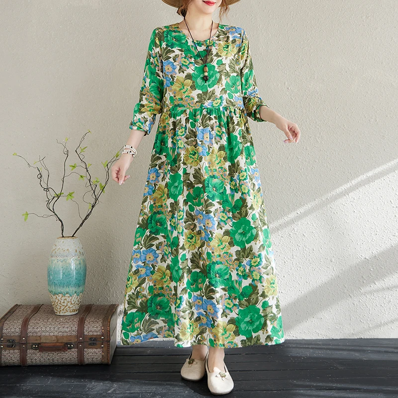 Robe longue imprimée à manches longues pour femmes, rose, coton, chanvre, col rond, style campagne, printemps, nouveau, 2025, A417