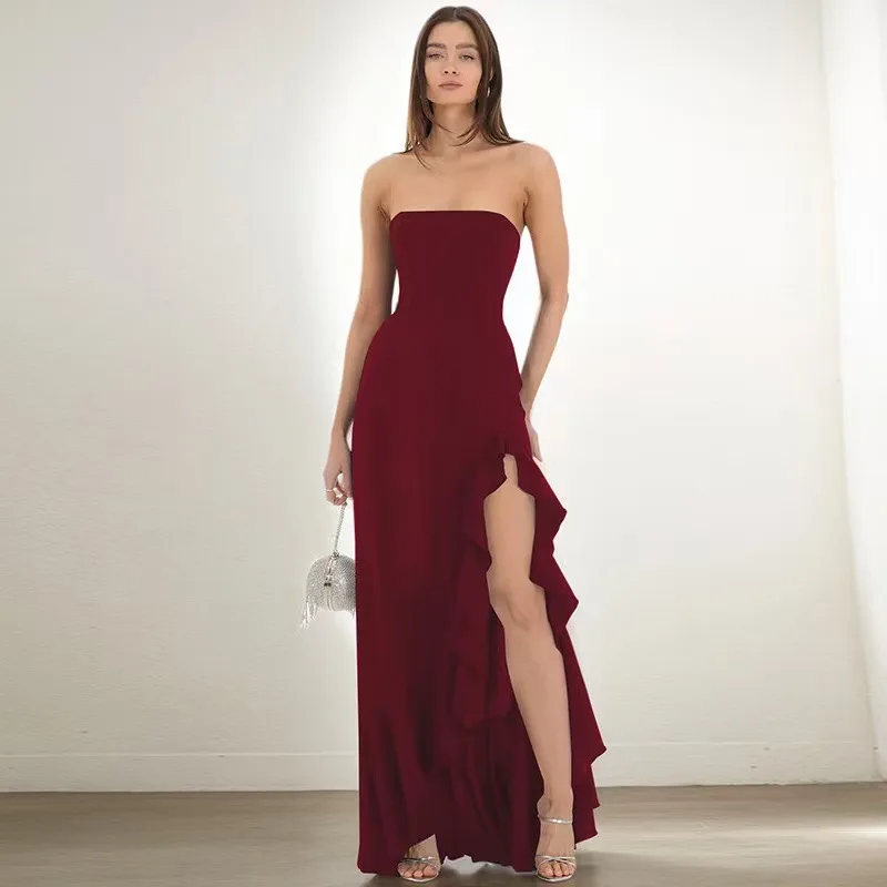 Fashion Off-shoulder Strapless Backless High Split Maxi Dress Sexy Solid Sleeveless Bodycon Boho Gown Summer Party Holiday Ware