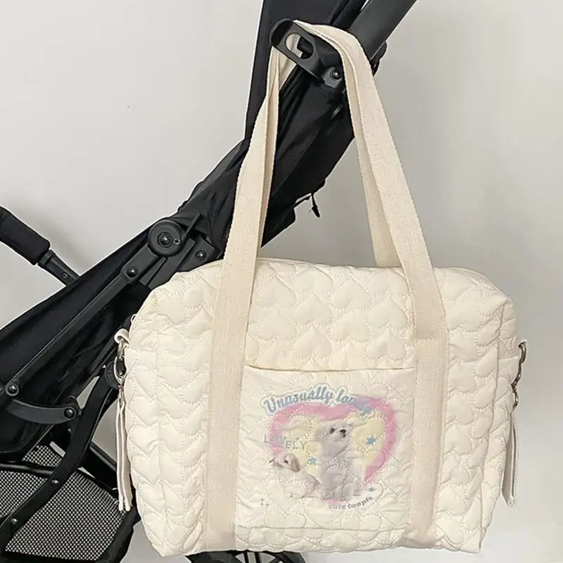 Baby Beige Cotton Fabric Zipper Diaper Tote Bag New Luggage Bag Cute Embroidery Pattern Diaper Storage Handbag Organizer