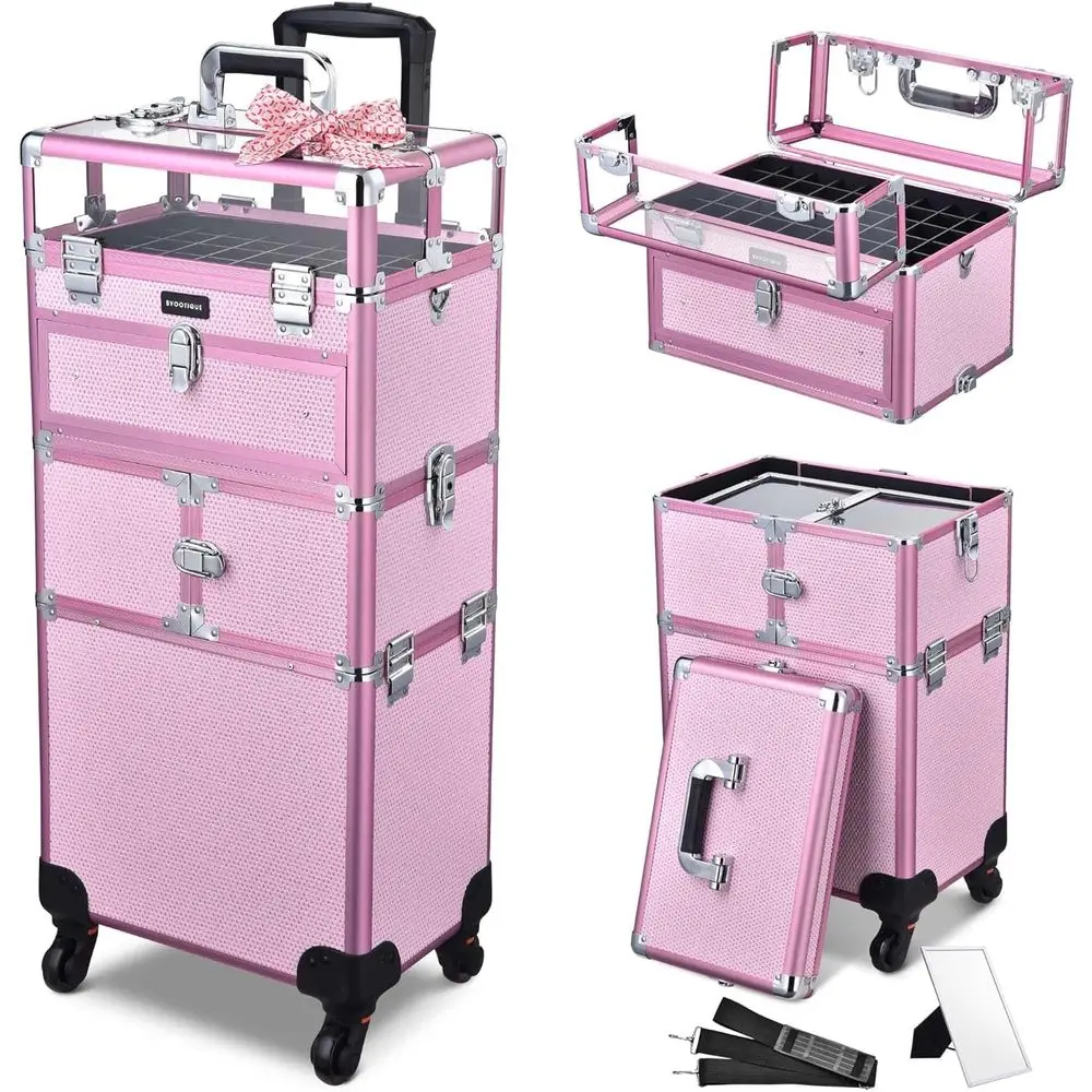 

Pink 2-in-1 Rolling Nail Polish Organizer with Clear Lid, Extendable Trays, 54 Slots, and 4 Wheels for Travel & Storage