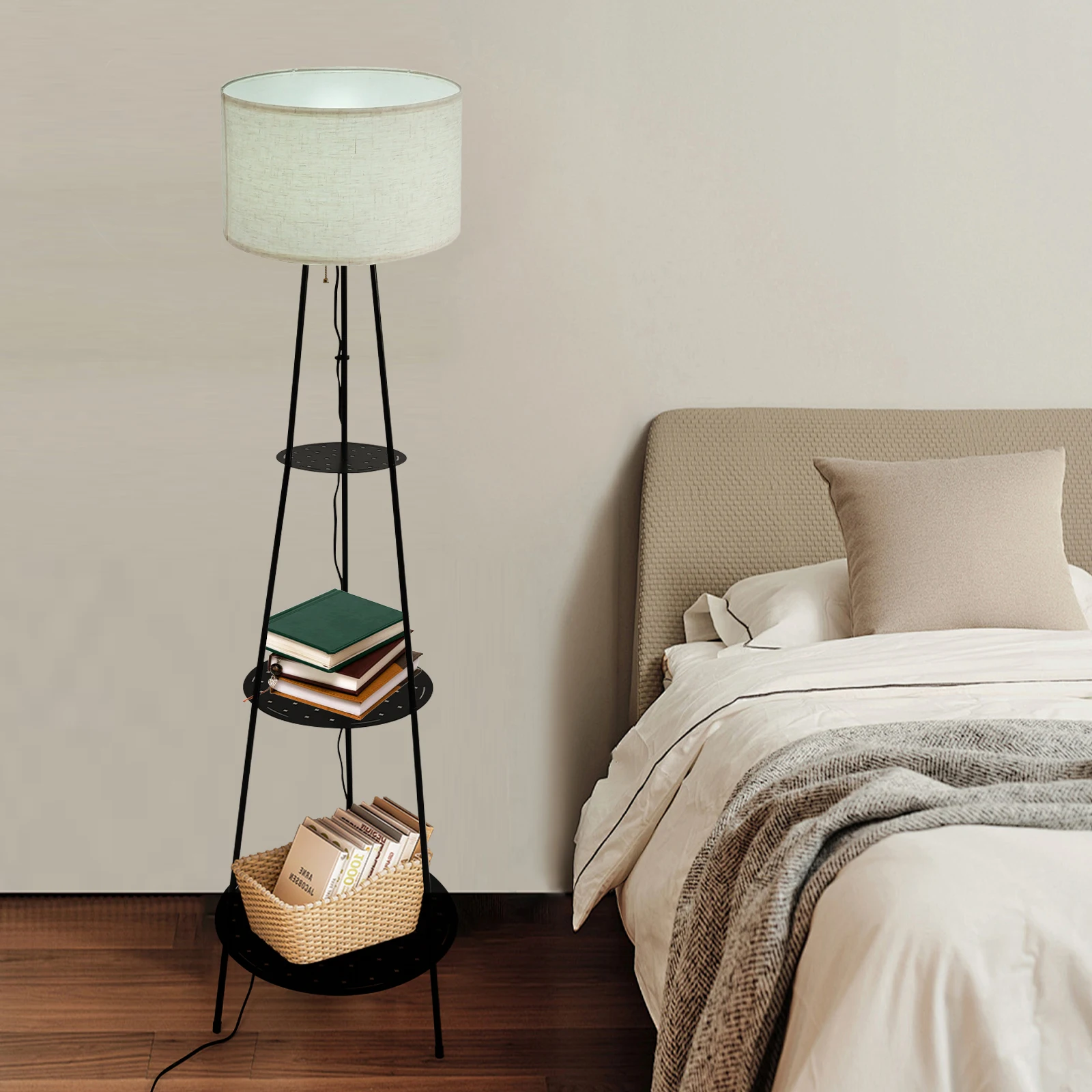 Floor Lamp with 3-Tier Storage Shelves 3-color Dimmable Lamp LED Light for Various Living and Working Spaces