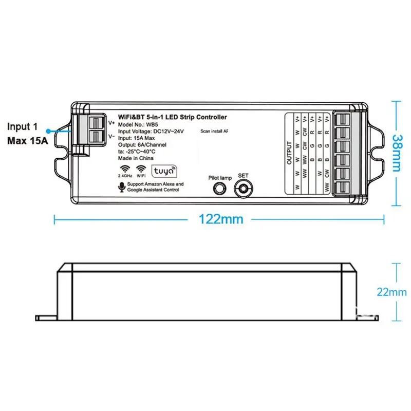 A93Z Wifi& BT 5-In-1 Smart Life APP Control LED Strip Dimmer Supports RGB/RGBW/WW+ CW/RGBCCT Monochrome DC12-24V Lights