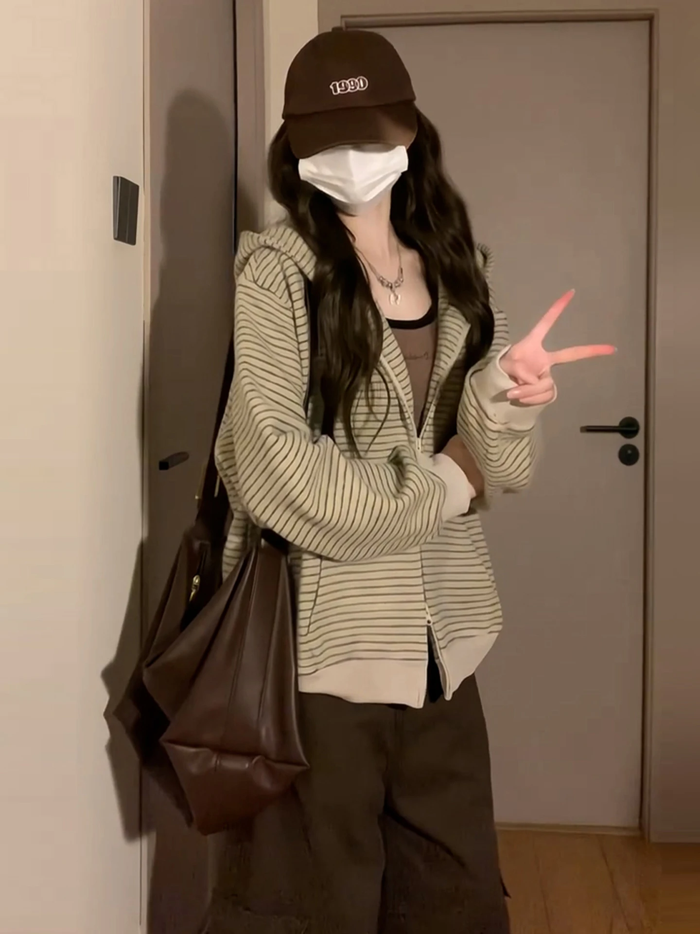 Ladies Loose Fit Zipper Hoodie Jaet Thin Stripe Pattern Early Autumn Outerwear Casual Sle Long Sve Sweatirt Top