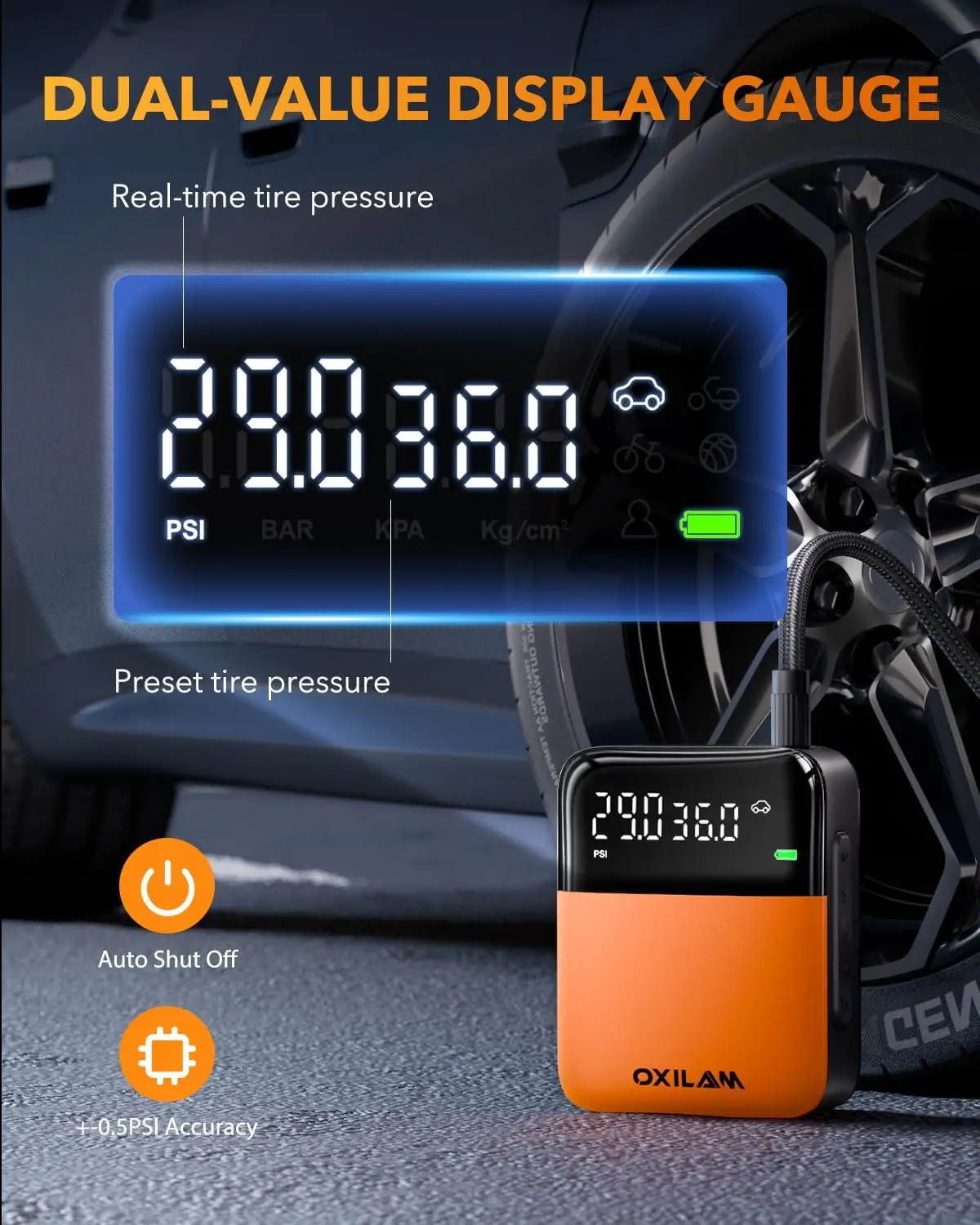 Portable Air Compressor for Car Tires - 150PSI Cordless Pump with Gauge, Fast Inflation for Motorcycle, Bike, Ball