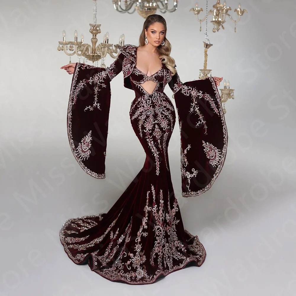 Gorgeous Mermaid Evening Dresses Wine Red Party Prom Gowns Burgundy Lace Beaded Wedding Guest Dress 2024 Long Bat Sleeves