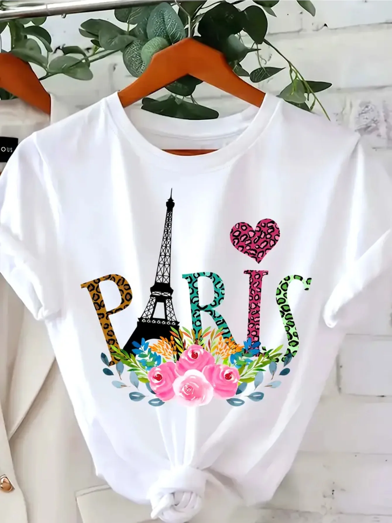 Camiseta de Moda para Mujer con Estampado de Leopardo y Gráficos Florales de la Torre Eiffel de París, Cuello Redondo, Manga Casual, Ropa Estética