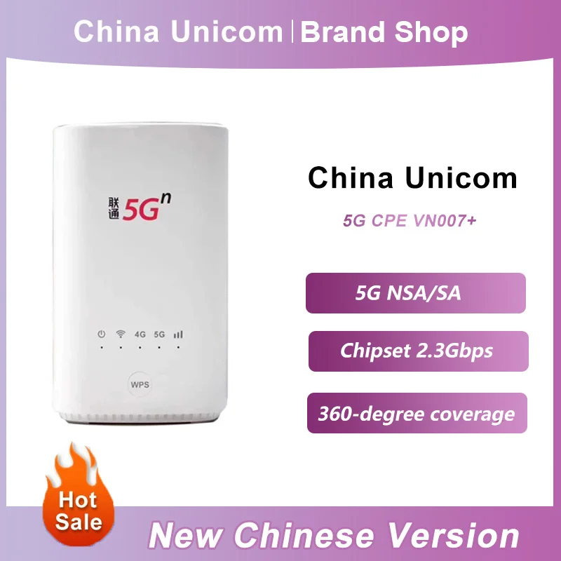 Novo produto 5g original china unicom 5g cpe vn007 + roteador wi-fi sem fio de modo duplo nsa e sa suporte 4g LTE-TDD e fdd bandas