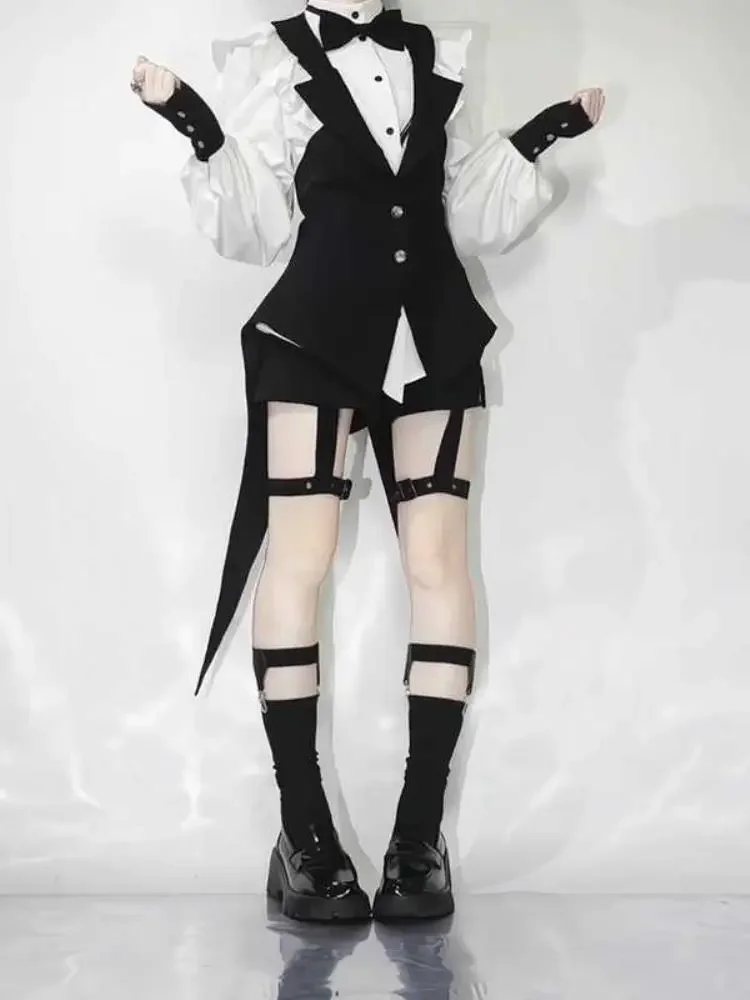 Gothic Subculture Butler Cosplay 3 Piece Set Women Ruffle Shirt Vest Shorts Thigh Garters Slim Fit Party Clubwear Outfits 2026