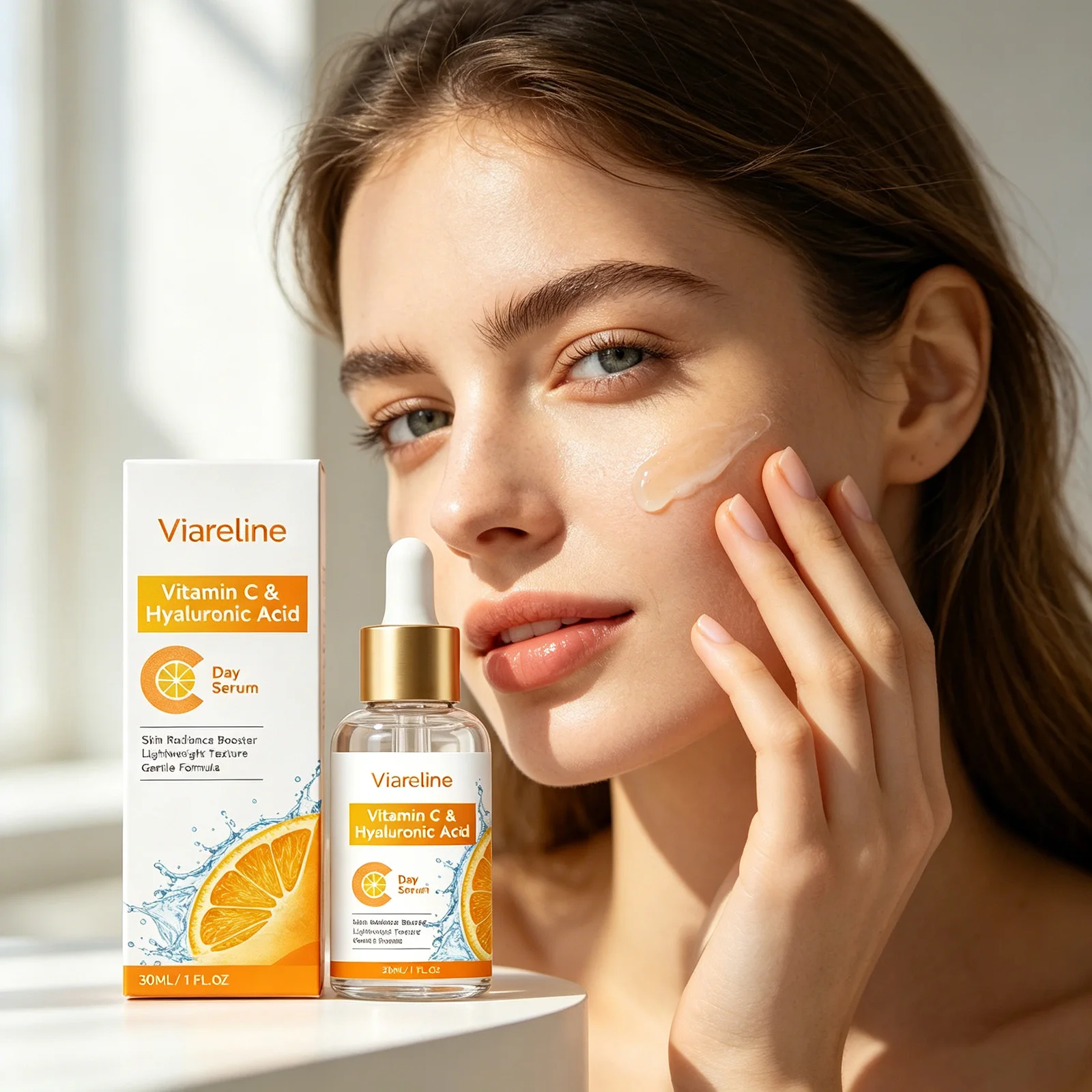 Viareline Vitamin C Serum Lighten Skin Radiance Booster Deep Hydration Face Care Lightweight Hyaluronic Acid Facial Serum 30ml