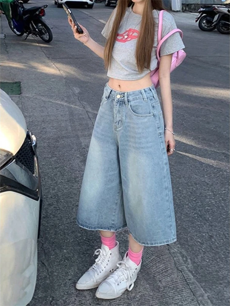 Women's High Waist Denim Bermuda Shorts Summer 2026 Casual Loose Wide Leg Jeans for Petite Curvy Figures Streetwear