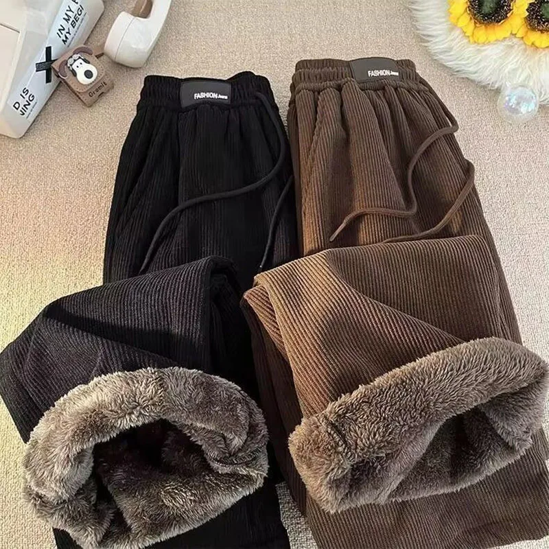 Winter Girls High Waist Thin Plush Slacks Lady Chic Retro Snow Warm Fleece Pants Women Fashion Straight Leg Trousers