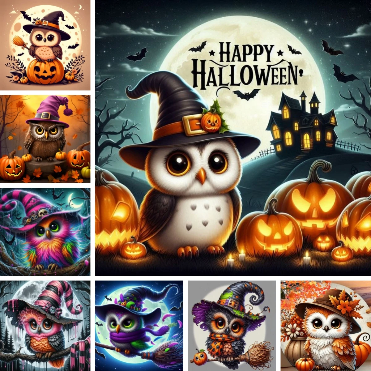 

DIY Diamond Painting Mosaic Happy Halloween Owl Moon Fall Decor Cross Stitch Full Square/ Round Lantern Pumpkin Home Decor