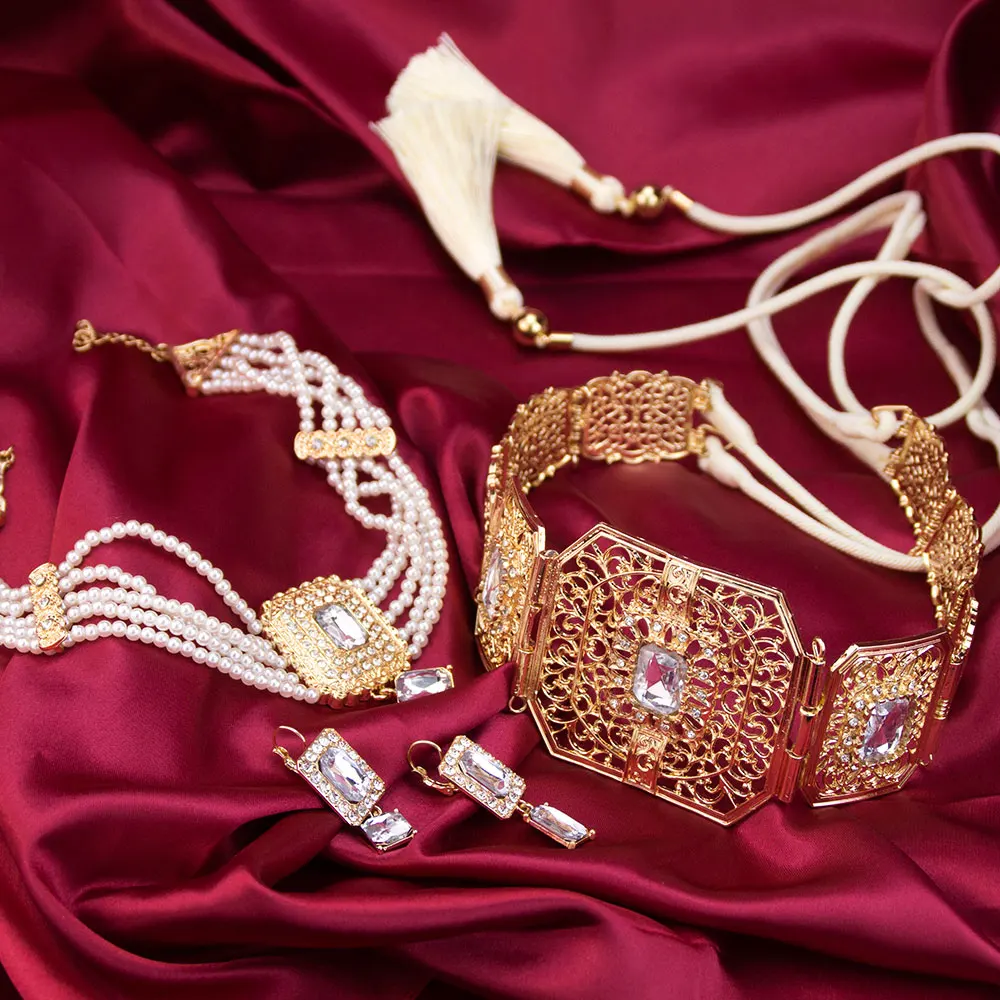 Sunspicems Moroccan Bridal Jewelry Caftan Belt Metal Waist Chain Women Bead Neck Chain Hand Rope Waistband Algeria Bijoux Set