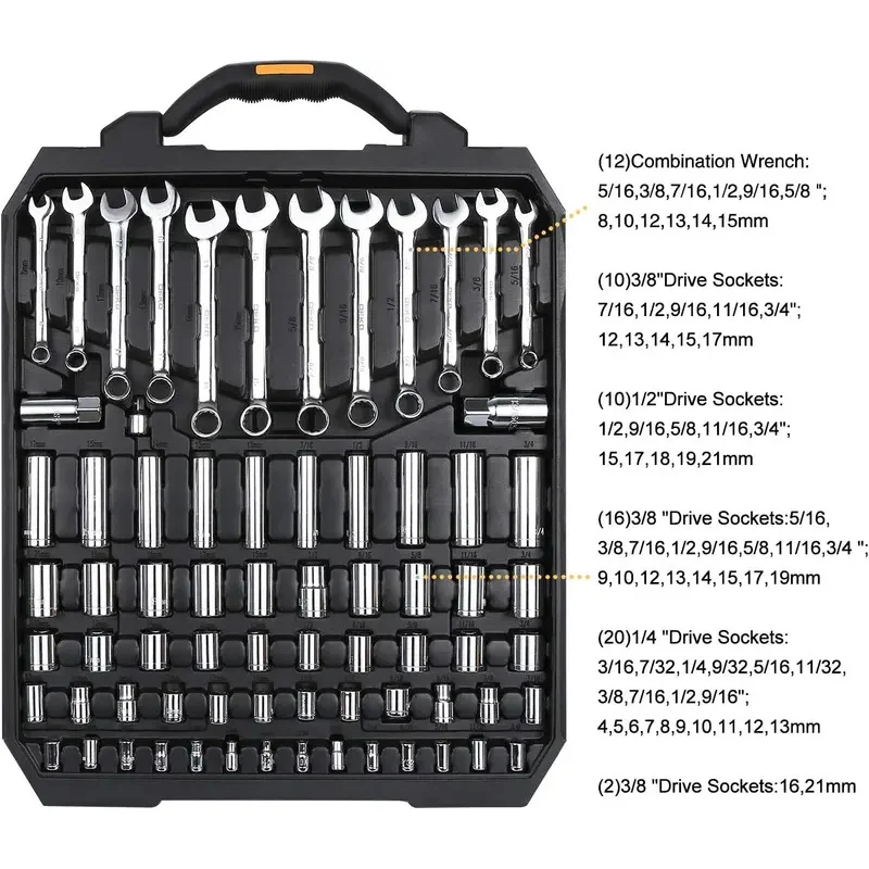 Deko 192 piece mechanics tool set socket wrench set, plastic storage case with auto repair hand tool kit wrench tool box set