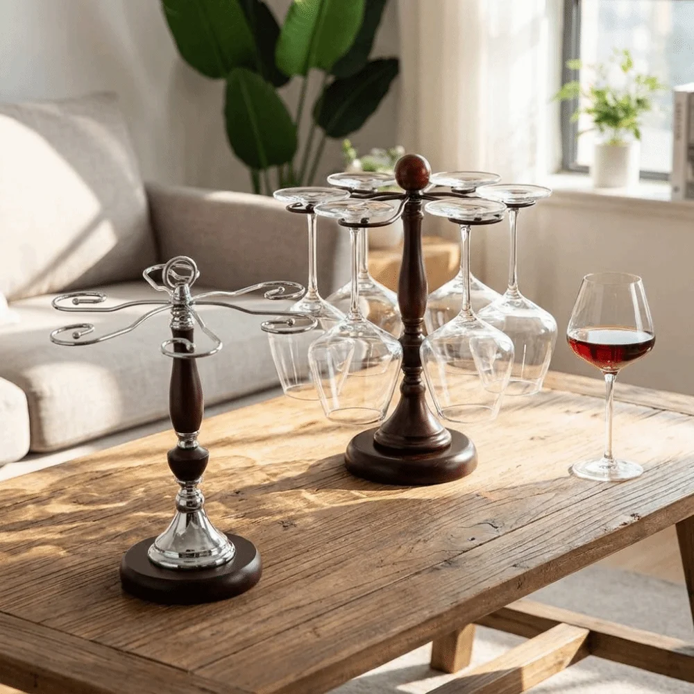 

Wooden 6 Bottles Wine Glass Rack Freestanding Space Saving Glasses Wine Racks Large Capacity Inverted Goblets Rack Bar Accessory