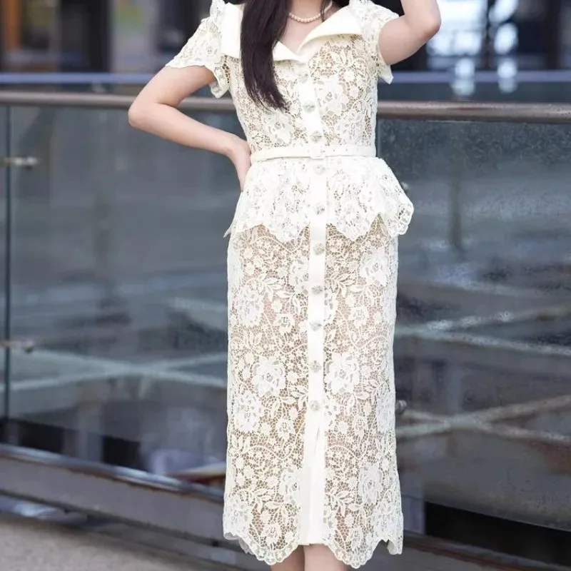 

Thousand Gold Style Large Lapel Form-fitting Lace Cutout Short-sleeved Dress Ruffles Two Form-fitting Figure-hugging Dress Women