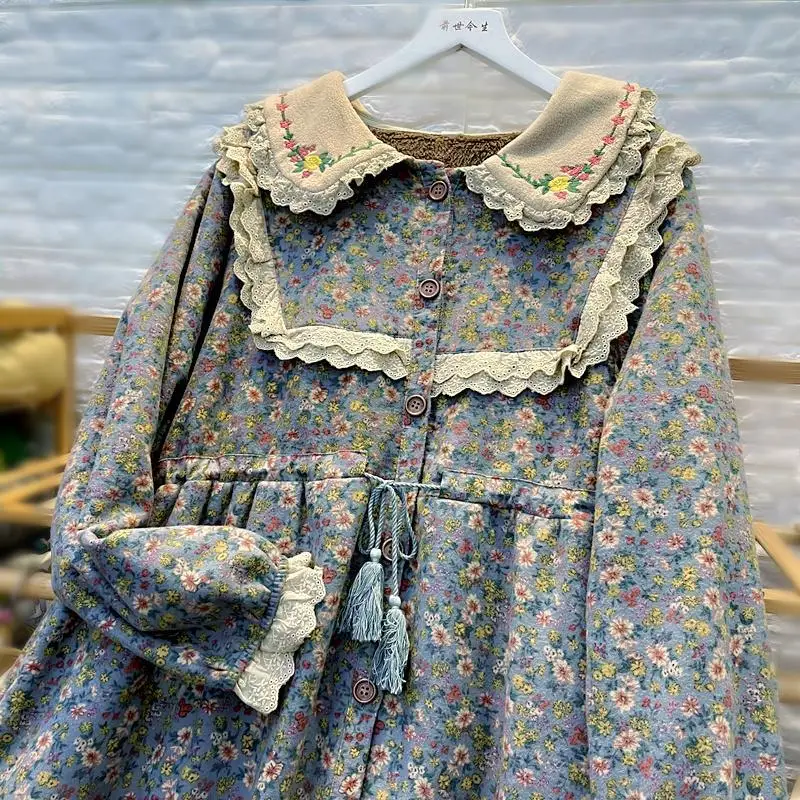 Vintage Loose Mori Girl Style Thickened Padded Floral Printed Dress for Women Winter Kawaii Lace Doll Collar Casual Long Dresses