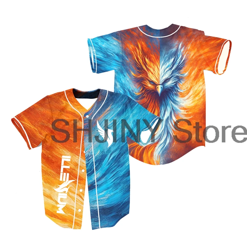 Illenium Phoenix Orange and Blue Split Rave Baseball Jersey EDM Festivals 2024 Short Sleeve Shirts Women Men Fashion Tops