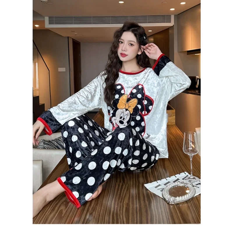 Disney Mickey Mouse Ice Silk Women\'s Pajamas Crew Neck Long Sleeve Two-piece Casual Two-piece Women\'s Pajamas Homewear Set