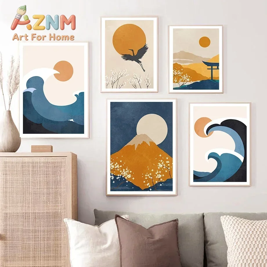 Multi-size 1PC frameless high-definition decorative paintings,Mount Fuji Waves Crane Flower Line Face Wall Art Canvas Painting N