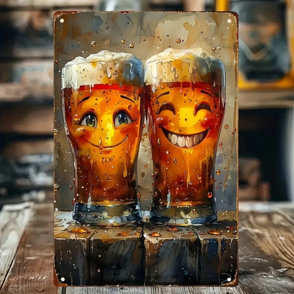 

2D Flat ，Beer Metal Wall Art Sign – Rustic Iron Decor with Smiling Beer Mugs & Foamy Heads – Perfect for Home