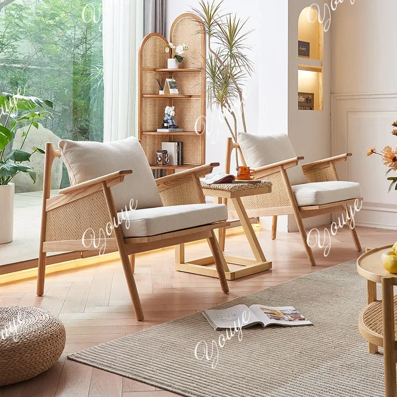 XM Nordic Solid Wood Sofa Chair Living Room Home Rattan Leisure Recliner Simple Modern Balcony Rattan Chair Three-piece Set