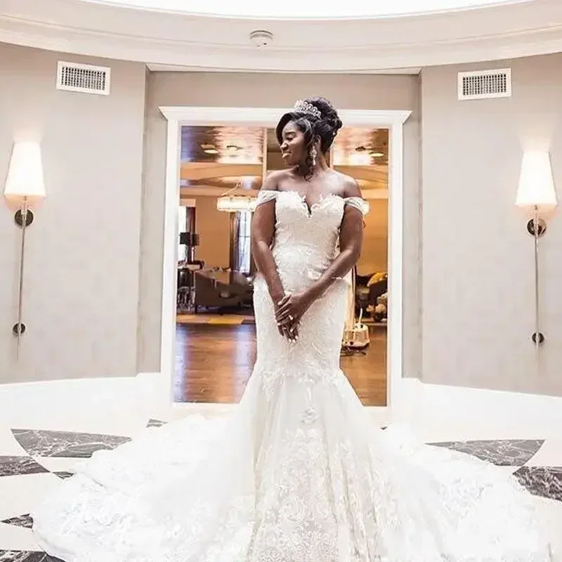 Customized Arabic African Plus Size Cheap Mermaid Wedding Dresses With Detachable Train Off The Shoulder Lace Appliques Gowns