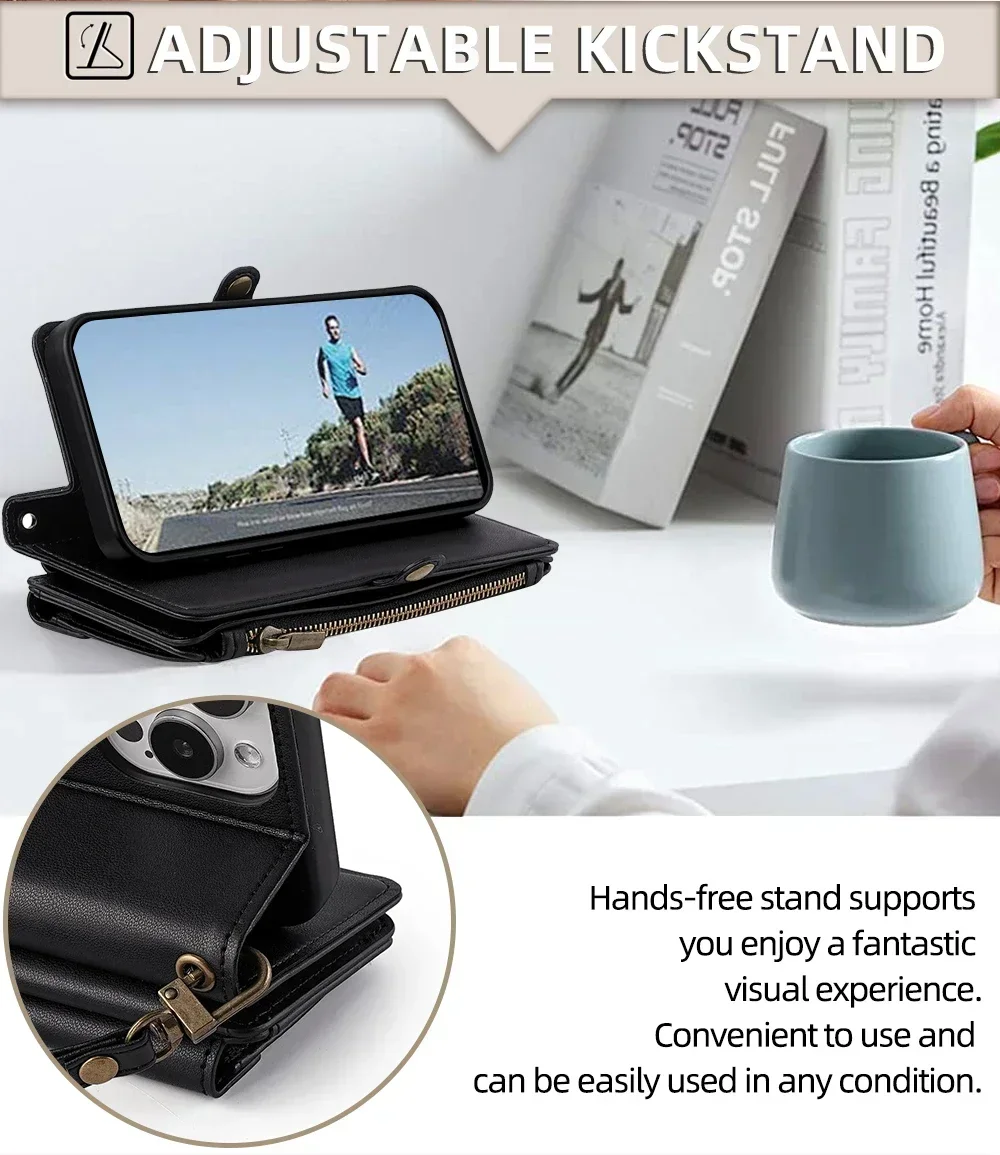 Reißverschluss PU-Leder Brieftasche Buchcover Handyhüllen für iPhone 16 16E 17 Air Pro Plus Max Flip Cover Multifunktionale Berging Bags – Detail 7