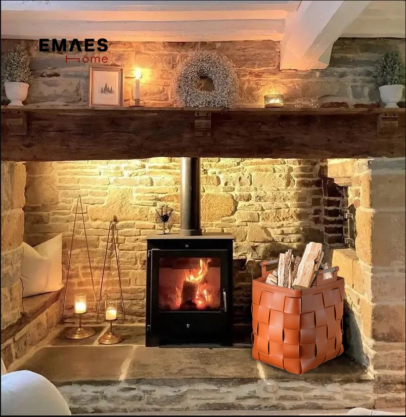 

Log basket for firewood by the fireplace woven leather basket walnut handle for towels basket by the poolside or spa, basket bag