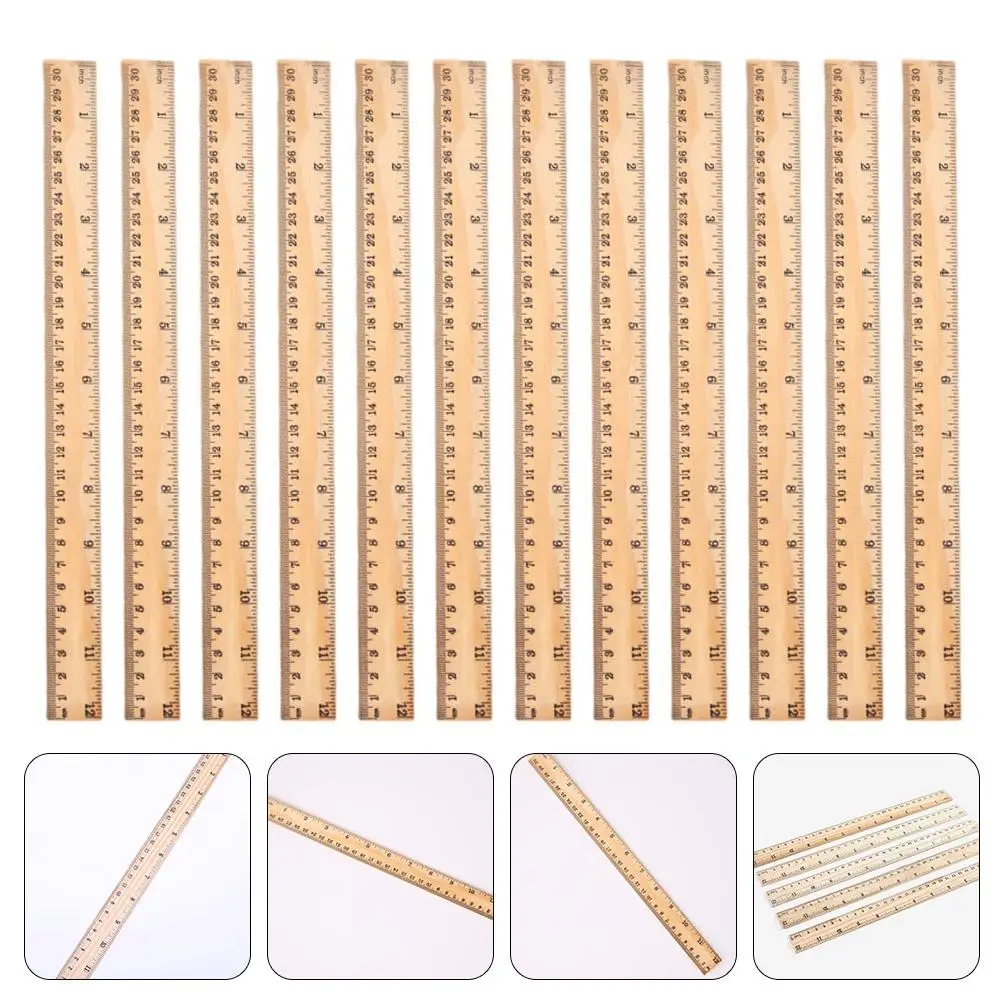 12 Pcs Wood Ruler 30cm Double Scale Straight Ruler for Students Stationery Classroom Office Home Portable Measuring Tool