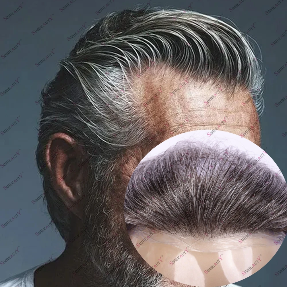 شعر بشري أوروبي غير قابل للاكتشاف للرجال، بدلة شعرية طبيعية للغاية 1b65 240 #   شعر بني ورمادي 0.03 ملم شعر مستعار رقيق