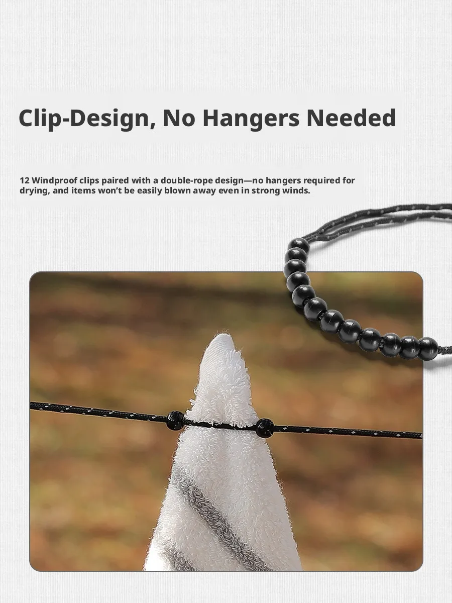 Portable Reflective Camping Clothesline with 12 Windproof Clips, 3M Retractable Outdoor Laundry Line with Storage Bag, No Hanger