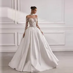 Luxury Wedding Dresses A Line Woman's Satin Sexy Lace Appliques Long Sleeve Bride Gowns Customized High Neck Vestidos De Novia