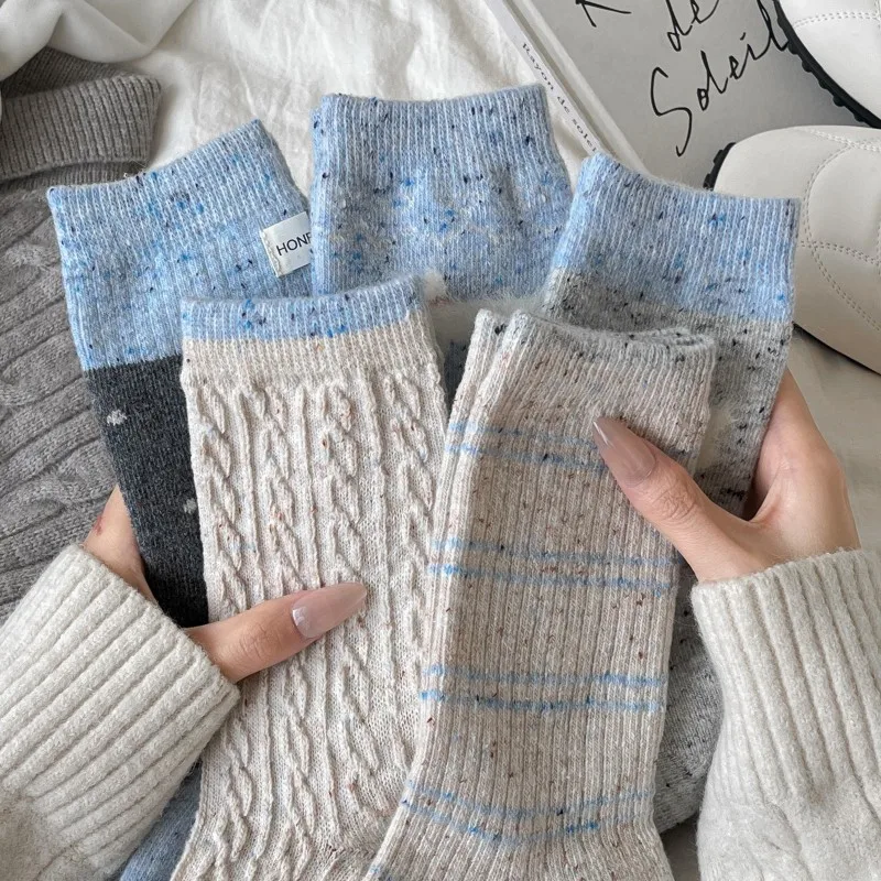 5 Pairs Gray-Blue Wool Socks for Women Mid-Calf Thick Warm Fall Winter Thermo Women's Socks Set Fancy Grip Socks High Quality
