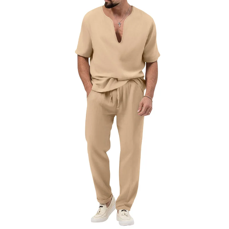 Ensemble 2 pièces en coton et chanvre pour hommes, chemise à manches courtes, pantalon long, décontracté, solide, document, mode, été, nouveau, 2024